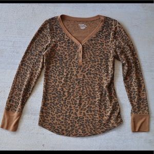 Leopard Print Thermal Top Long Sleeve Henley Shirt